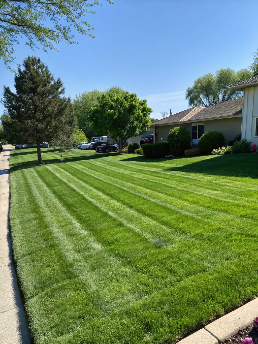 A photo of a beautifully landscaped residential property by Green Systems Inc., featuring a well-maintained lawn, garden beds, and decorative elements.